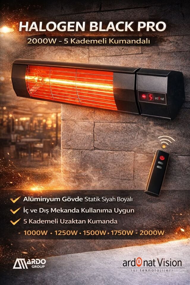 HALOGEN BLACK 2000W 5 KADEMELİ KUMANDALI ISITICI-İÇ VE DIŞ MEKAN KULLANIMI