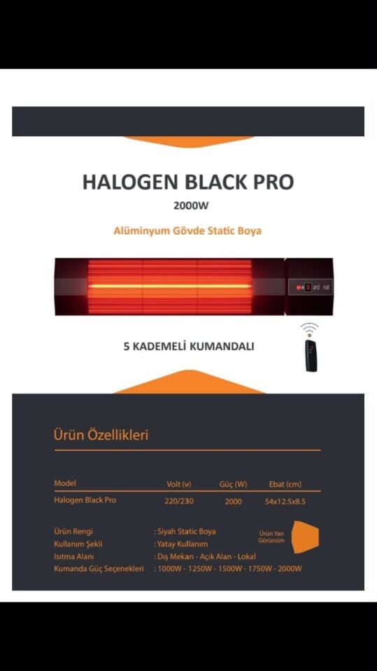 HALOGEN BLACK 2000W 5 KADEMELİ KUMANDALI ISITICI-İÇ VE DIŞ MEKAN KULLANIMI