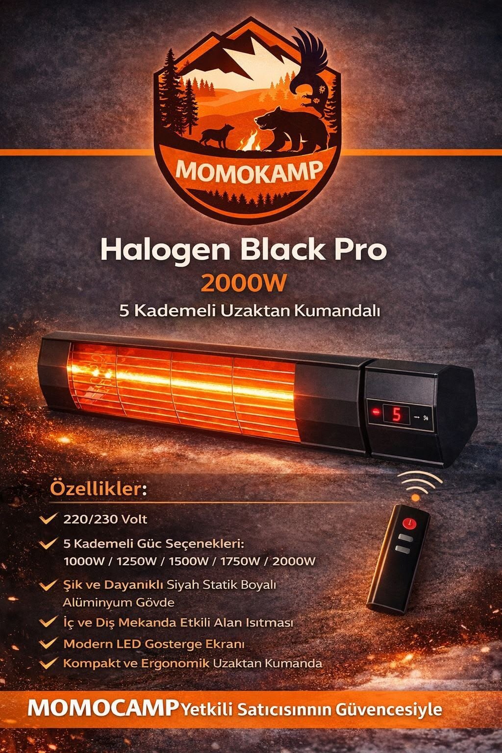 HALOGEN BLACK 2000W 5 KADEMELİ KUMANDALI ISITICI-İÇ VE DIŞ MEKAN KULLANIMI